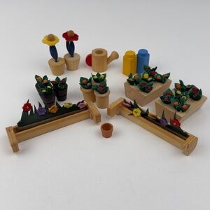 Wooden Dollhouse Miniature Garden Plant Lot Flower Boxes Pots Watering Can 1:12